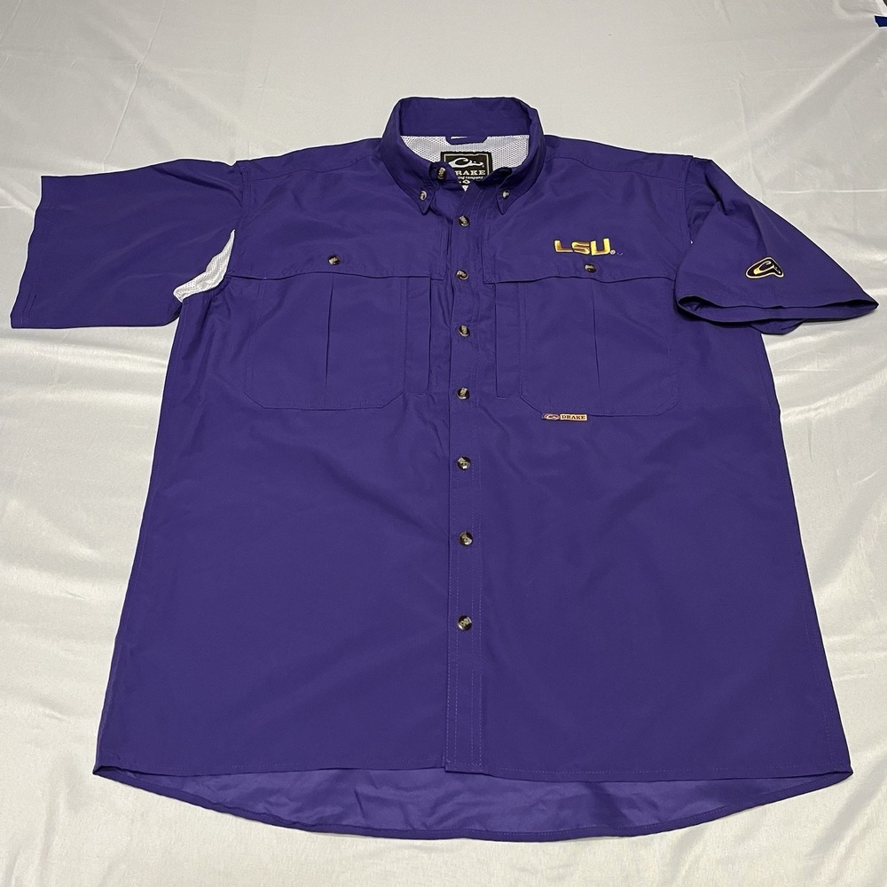 Drake LSU Tigers Fishing Shirt Short Sleeve  Purple Mens Medium Button Up Vent